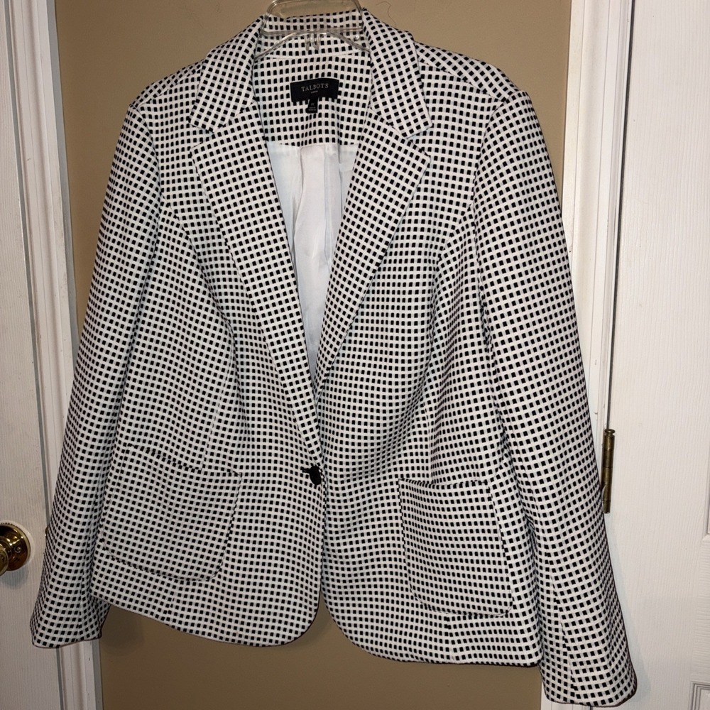 TALBOTS 1X Textured Squares Blazer Cream Black Checked One Button Jacket Career